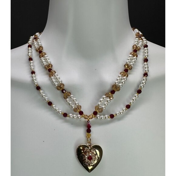 Handcrafted Heart Locket Pearl Ruby Garnet Natural/Glass Beaded Necklace - Picture 1 of 6
